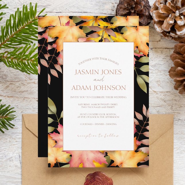 Rustic Black Fall Autumn Leaves Wedding Invitation (Creator Uploaded)