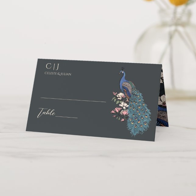 Rustic Black Floral Peacock Wedding Place Card (Rustic Floral Blue Teal Peacock on Magnolia Branch in Full Bloom with Flowers in Chic, Modern Black.)