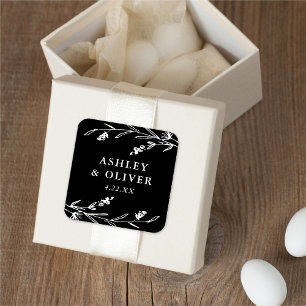 Rustic Black Floral Wildflower Wedding Favour Square Sticker