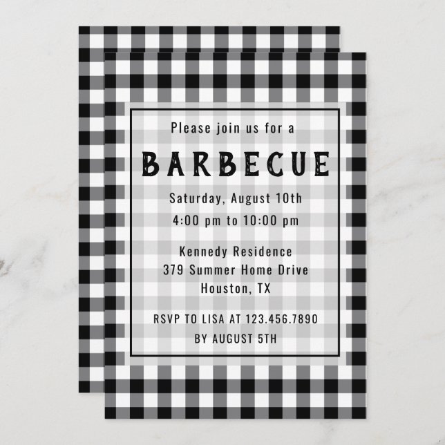 Rustic Black Gingham Farmhouse BBQ Party Invitation (Front/Back)