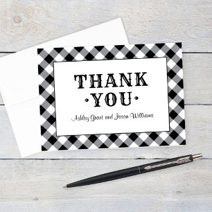 Rustic Black Gingham Plaid Wedding Monogram Thank You Card