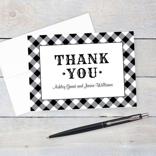Rustic Black Gingham Plaid Wedding Monogram Thank You Card (Creator Uploaded)