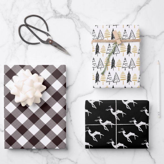 Rustic Black & Gold Christmas Reindeer Evergreens Wrapping Paper Sheet (Front)