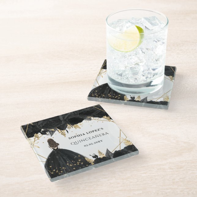 Rustic Black Gold Floral Princess Quinceanera  Glass Coaster (Angled)