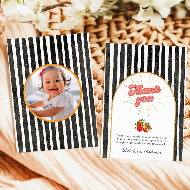 Rustic Black Gold White Birthday Photo Strawberry Thank You Card (Creator Uploaded)
