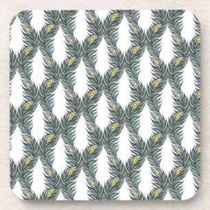 Rustic black, green and white Peacock feathers Coaster