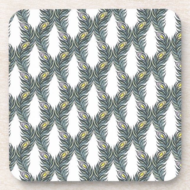 Rustic black, green and white Peacock feathers Coaster (Front)