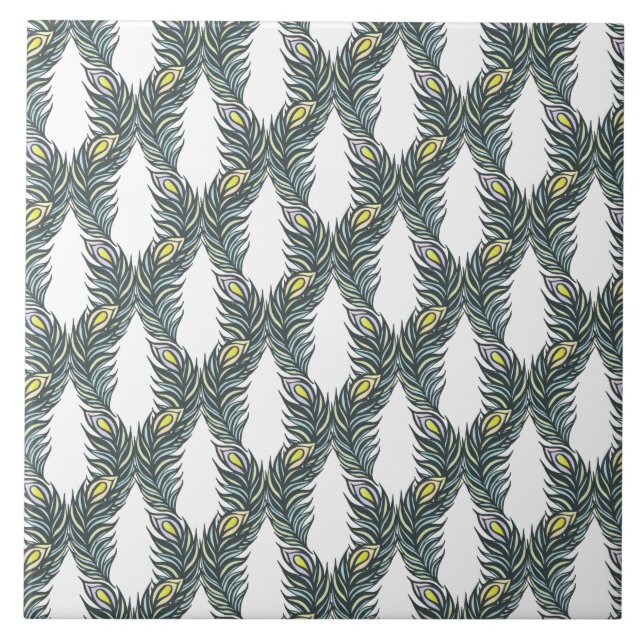 Rustic black, green and white Peacock feathers Tile (Front)