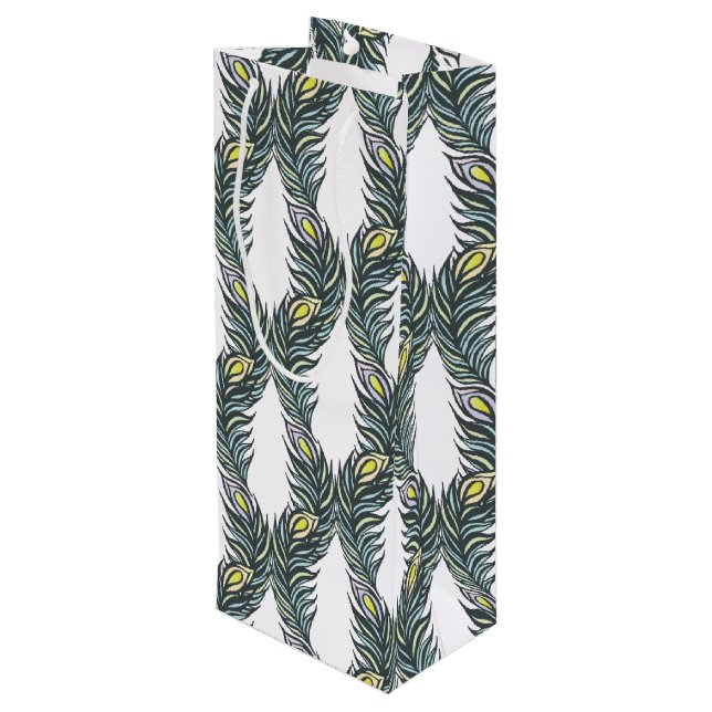 Rustic black, green and white Peacock feathers Wine Gift Bag (Back Angled)