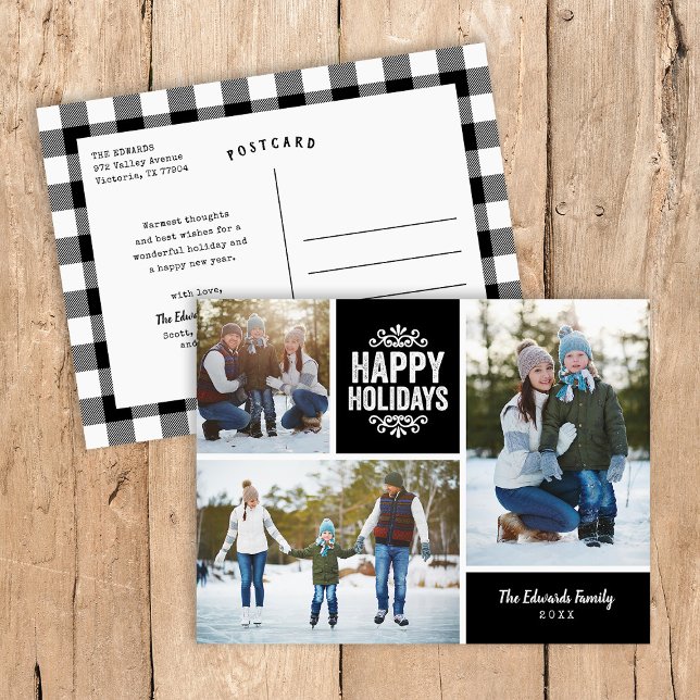 Rustic Black Happy Holidays 3 Photo Collage Holiday Postcard (Creator Uploaded)