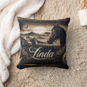 Rustic Black Horse Portrait at Sunset Landscape Cushion