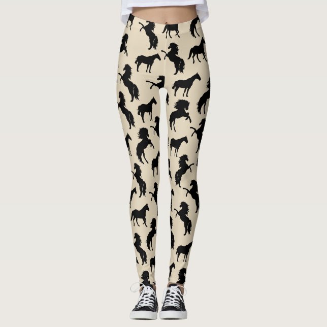 Rustic Black Horse Silhouettes & Taupe Leggings (Front)