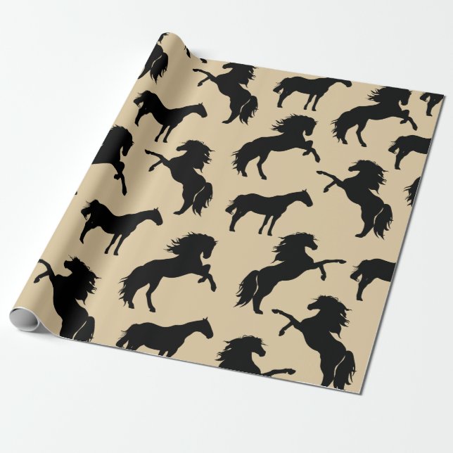 Rustic Black Horse Silhouettes & Taupe Wrapping Paper (Unrolled)