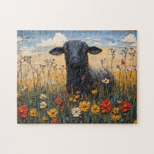 Rustic Black Lamb with Wildflowers Art Jigsaw Puzzle