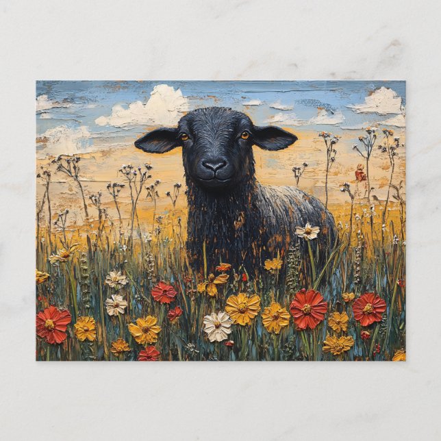 Rustic Black Lamb with Wildflowers Art Postcard (Front)