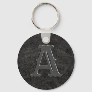 Rustic Black Leather Texture Monogram Initial Key Ring