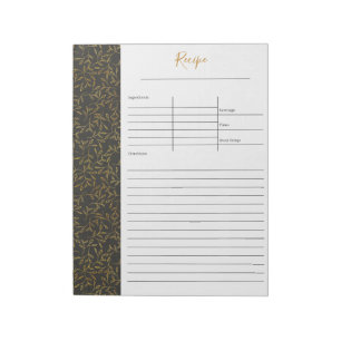 Rustic Black Linen and Gold Leaf Blank Recipe Notepad
