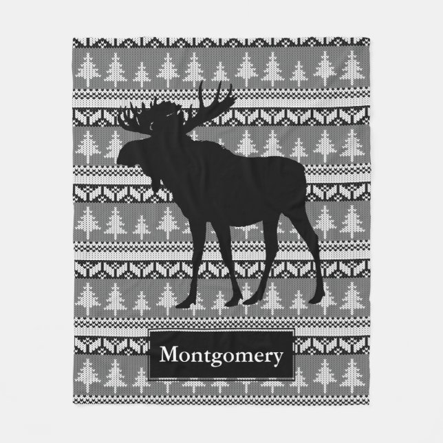 Rustic Black Moose Nordic Pattern Family Name Fleece Blanket (Front)