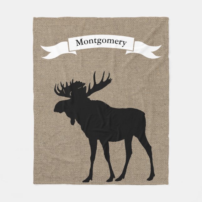 Rustic Black Moose Silhouette Ribbon Family Name Fleece Blanket (Front)