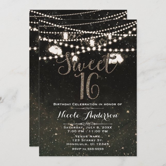Rustic Black Night Sky Mason Jar Lights SWEET 16 Invitation (Front/Back)