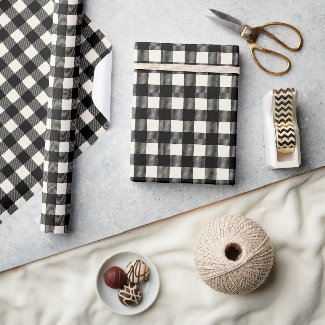 Rustic Black Off White Buffalo Plaid Check Small Wrapping Paper (Crafts)