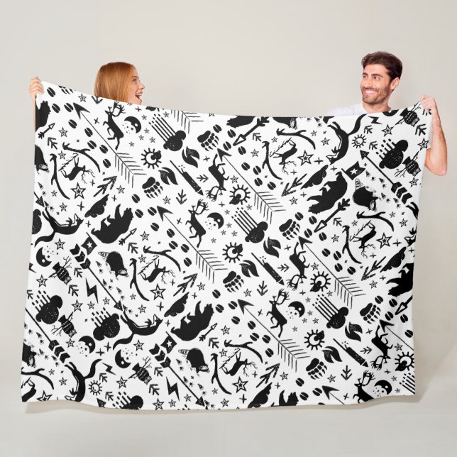 Rustic Black Owl Bear Deer Fox Woodland Pattern Fleece Blanket (In Situ)