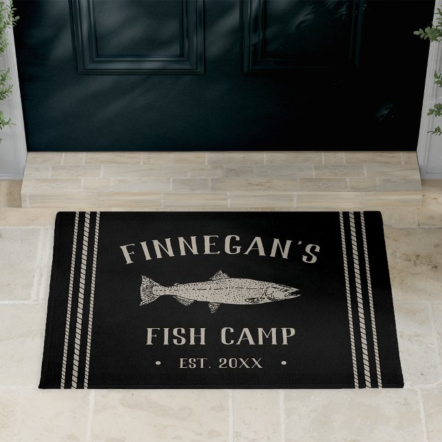 Rustic Black Personalized Fishing Cabin Doormat (Creator Uploaded)