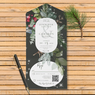 Rustic Black Pine & Holly Winter Sparkle QR Code All In One Invitation