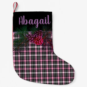 Rustic black, pink tartan plaid -pine cone small christmas stocking