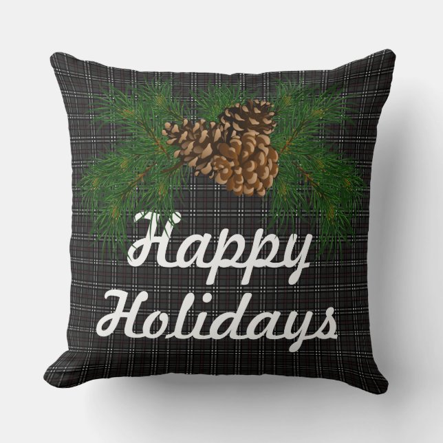 Rustic black plaid pine cone - happy holidays cushion (Front)