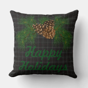 Rustic black plaid, pine cone, happy holidays cushion