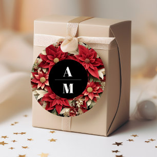 Rustic Black Poinsettia Floral Christmas Wedding   Classic Round Sticker