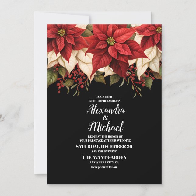 Rustic Black Poinsettia Floral Christmas Wedding   Invitation (Front)