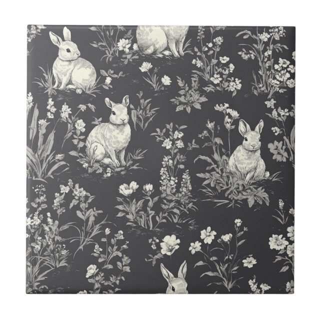 Rustic Black Rabbit Botanical Toile Pattern Ceramic Tile (Front)