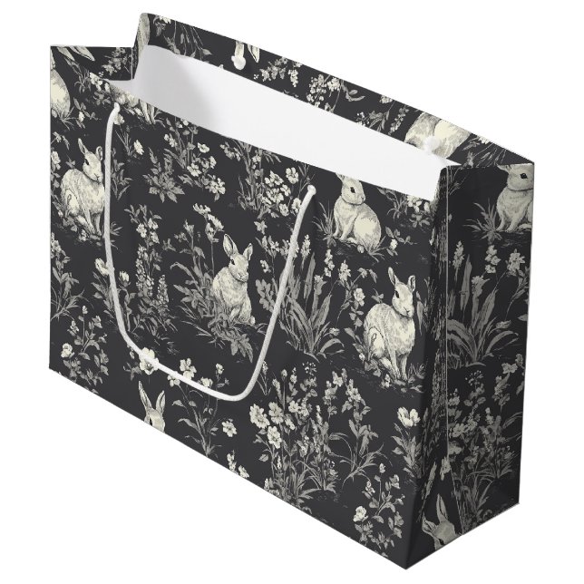 Rustic Black Rabbit Botanical Toile Pattern Large Gift Bag (Front Angled)