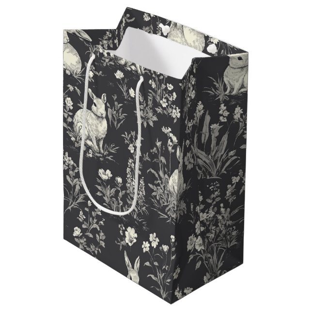 Rustic Black Rabbit Botanical Toile Pattern Medium Gift Bag (Front Angled)