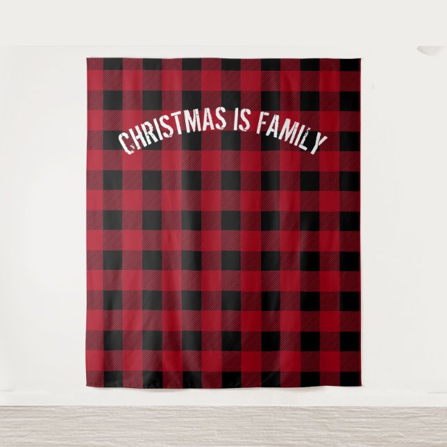 Rustic Black Red Buffalo Plaid Family Photo Booth Tapestry (Front)