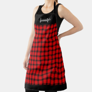 Rustic black red buffalo plaid monogram name apron