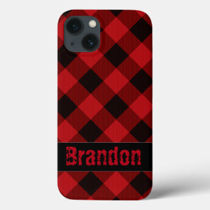 Rustic Black red buffalo plaid -monogrammed  iPhone 13 Case