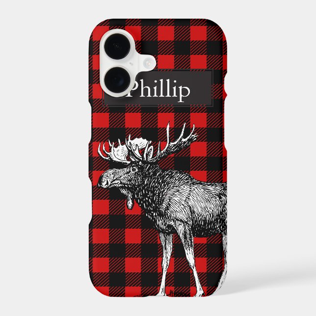 Rustic Black & Red Plaid Moose Custom Name (Back)