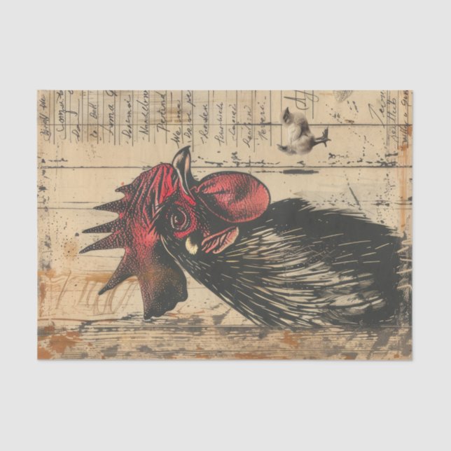Rustic Black Rooster Chicken Decoupage Tissue Paper (Front)