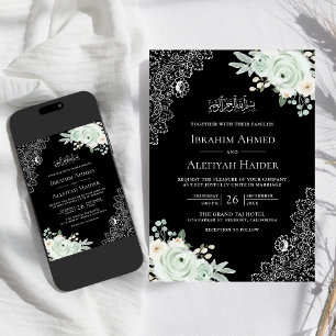 Rustic Black Sage Green Floral Lace Muslim Wedding Invitation