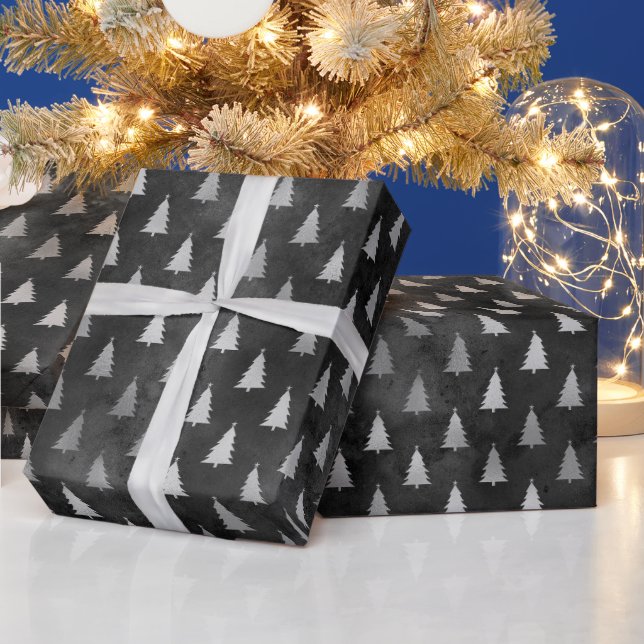 Rustic black silver Christmas trees pattern Wrapping Paper (Holidays)