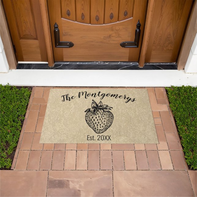 Rustic Black Strawberry Custom Name Welcoming Doormat (Outdoor)