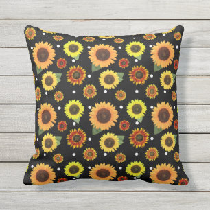 Rustic Black Vintage Floral Sunflowers Polka Dots Cushion