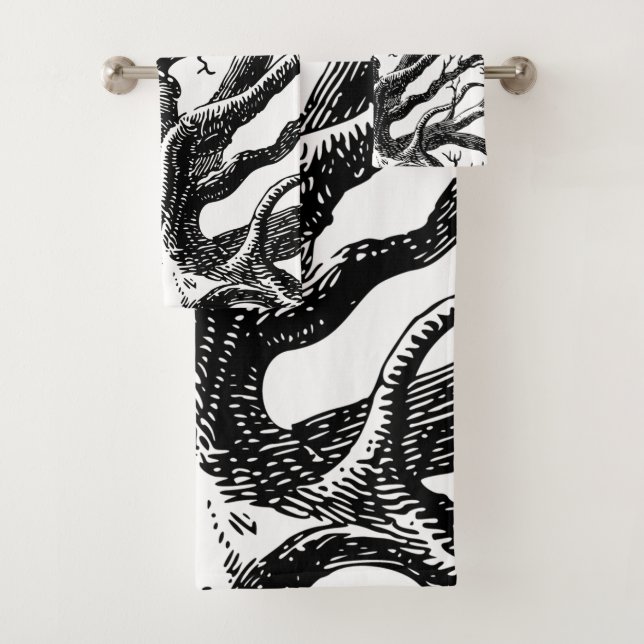 Rustic Black & White Abstract Tree Branches  Bath Towel Set (Insitu)