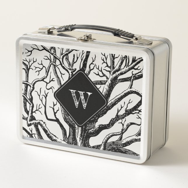 Rustic Black White Abstract Tree Branches Monogram Metal Lunch Box (Front)