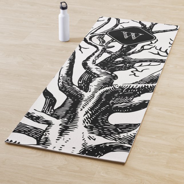 Rustic Black White Abstract Tree Branches Monogram Yoga Mat (In Situ)