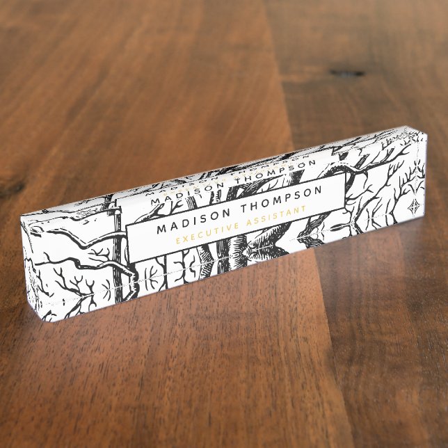 Rustic Black & White Abstract Tree Branches Nameplate (Side)