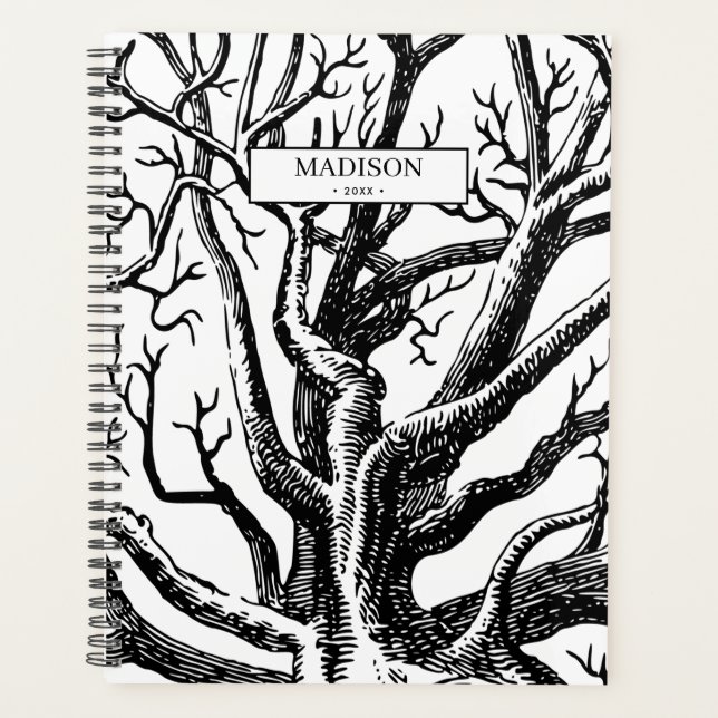 Rustic Black & White Abstract Tree Branches Planner (Front)